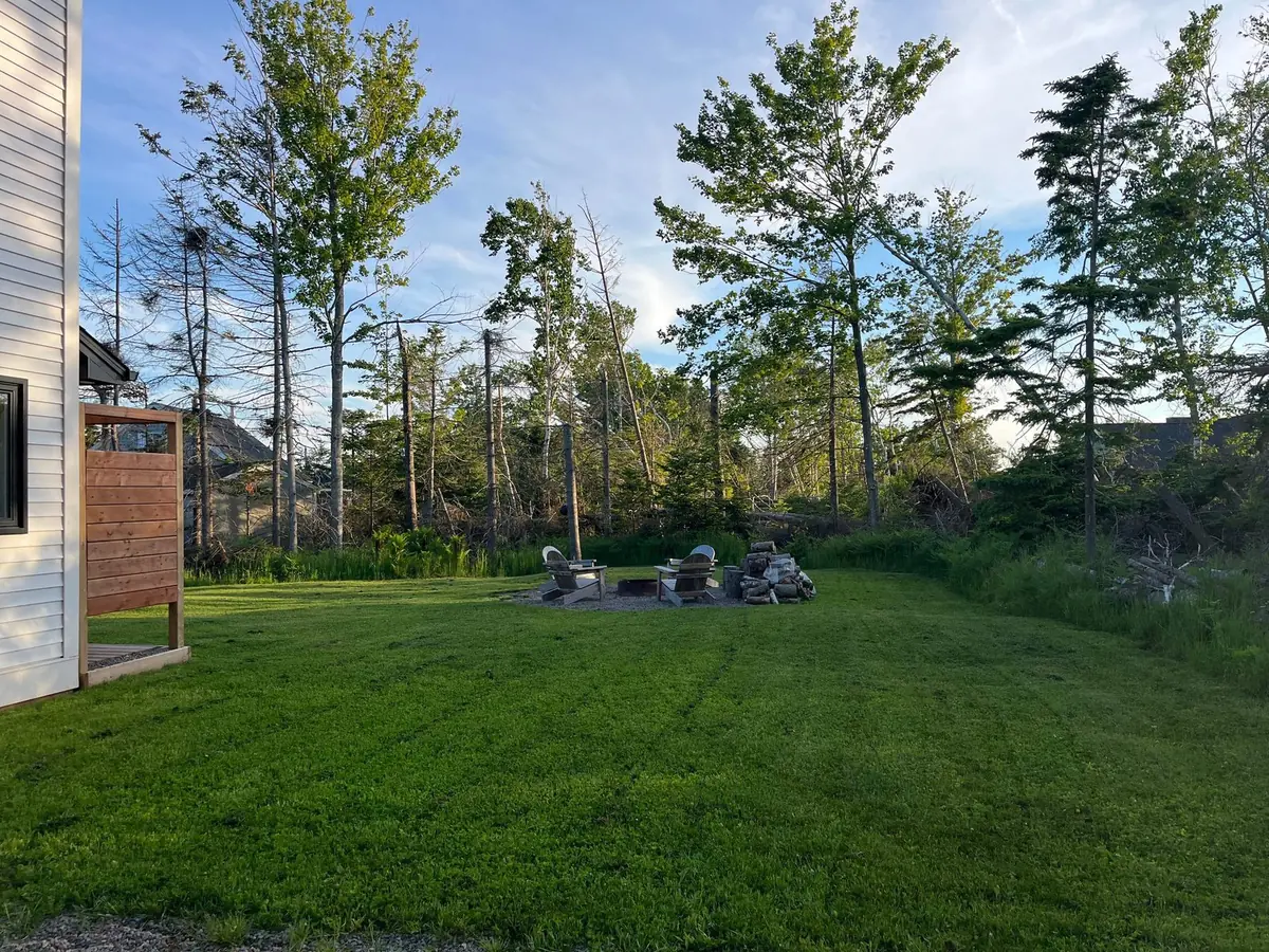The backyard lawn with the fire pit circle and trees beyond, showing how private the lot is
